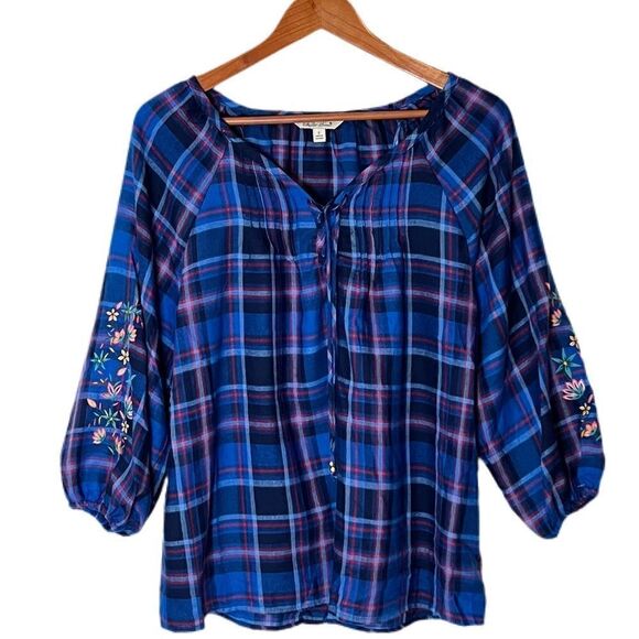 The Pioneer Woman Flannel Embroidered Peasant Top - Picture 2 of 6